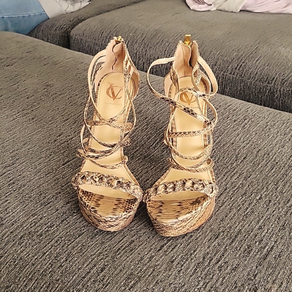 Snake print strappy heels